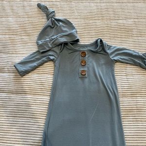 Caden Lane Dusty Blue knotted gown and hat